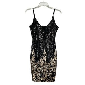PARISIAN Black Gold Sequin Mini Dress Spaghetti Strap Party Perfection US Size 4